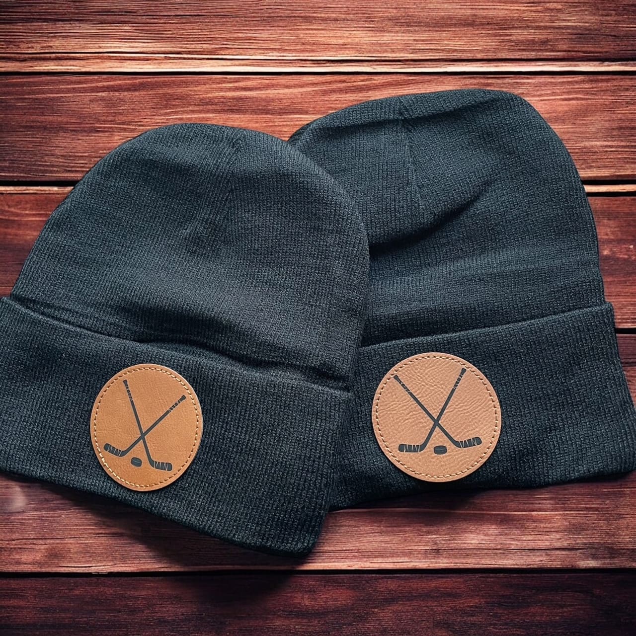 black hockey toque with brown patch
